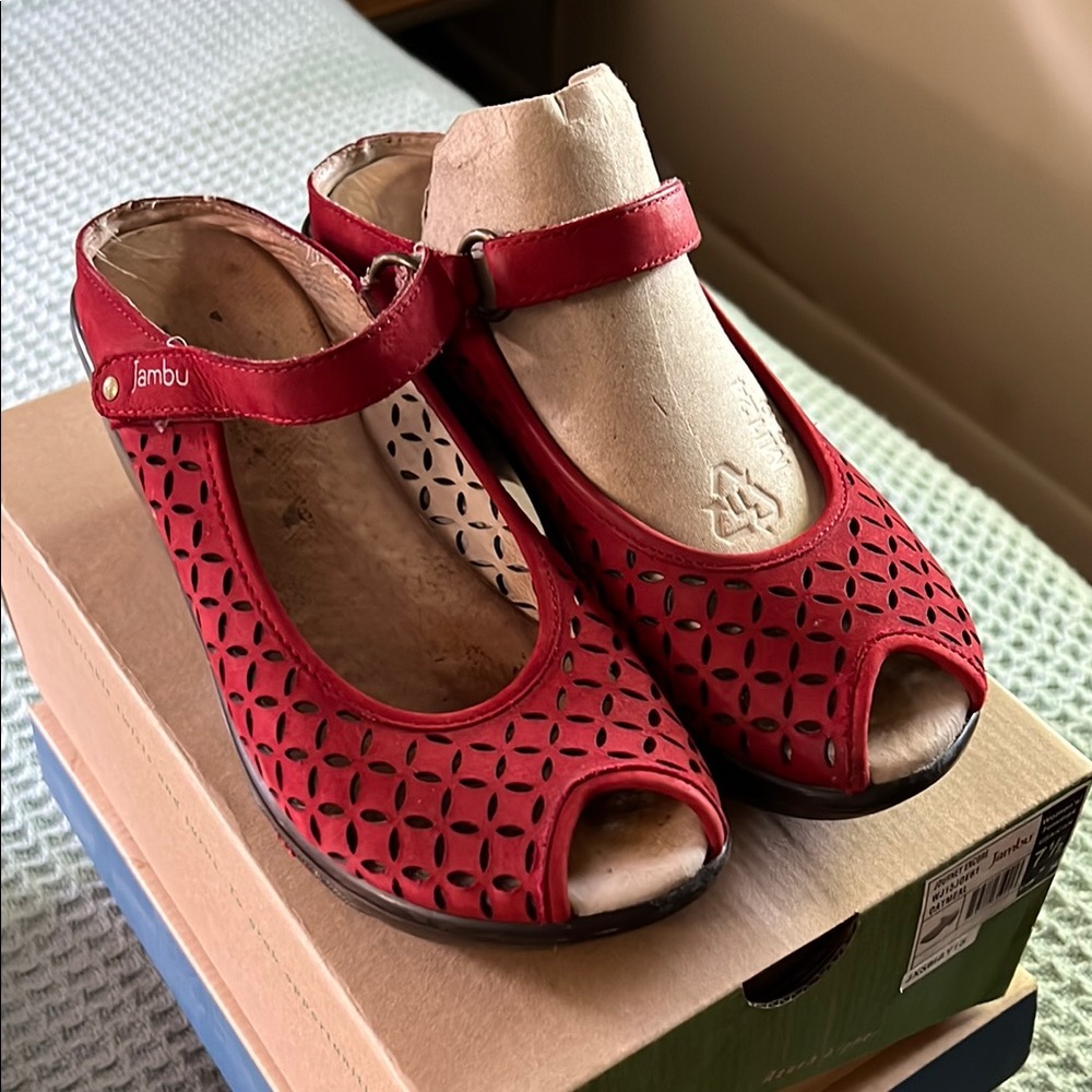 Jambu Red Mules with Perforated Design and Ankle Strap